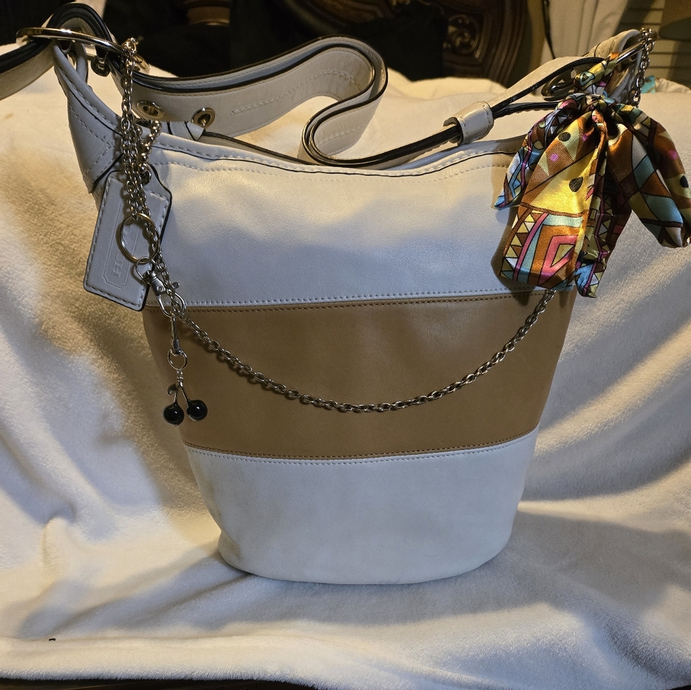Coach 13357 Vintage Bleecker Rugby Tattersall Duffle  White and Tan Shoulder Bag